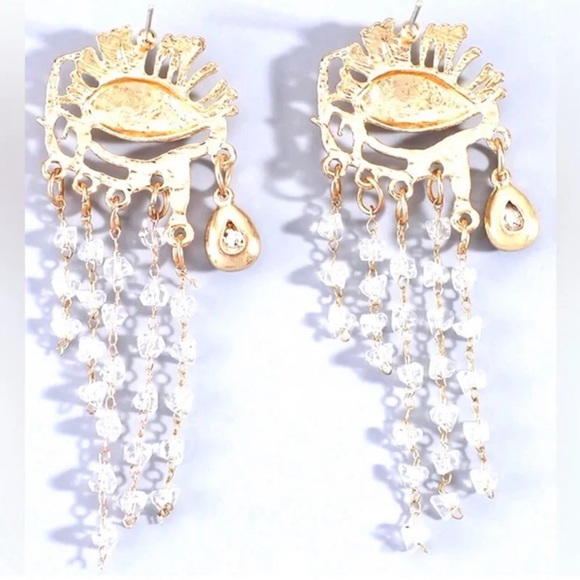 “Blue Eye Chandelier” Vivid Realism Cry Iris Tiered Crystal Tear Tassel Earrings - Picture 7 of 12